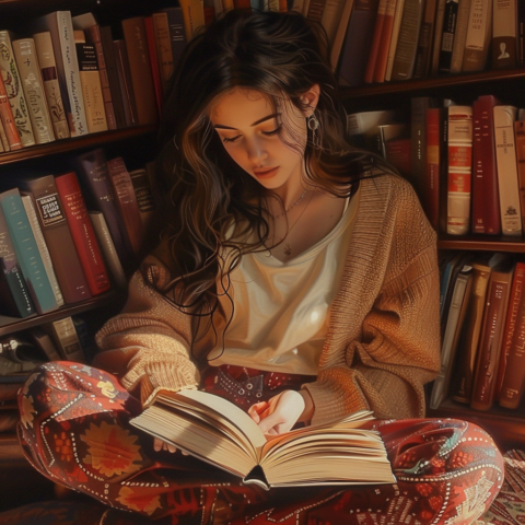 Tjej med brunt hår som sitter vid en bokhylla fylld med böcker och läser.