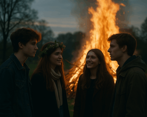 Fyra ungdomar står och pratar framför en stor majbrasa under Valborgsmässoafton i skymningen. En av tjejerna bär en blomkrans i håret.