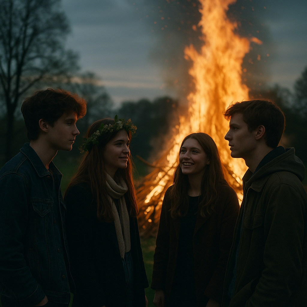 Fyra ungdomar står och pratar framför en stor majbrasa under Valborgsmässoafton i skymningen. En av tjejerna bär en blomkrans i håret.