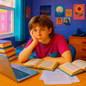 En trött tonåring sitter vid ett skrivbord med böcker, papper och en laptop framför sig. Hen lutar huvudet i handen och ser utmattad ut. Rummet är färgglatt med lila väggar, turkosa gardiner och affischer på väggen.