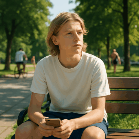 En tonårskille sitter på en parkbänk en solig sommardag, med en mobil i händerna och en fundersam blick. I bakgrunden syns gröna träd och människor som cyklar eller promenerar i parken.