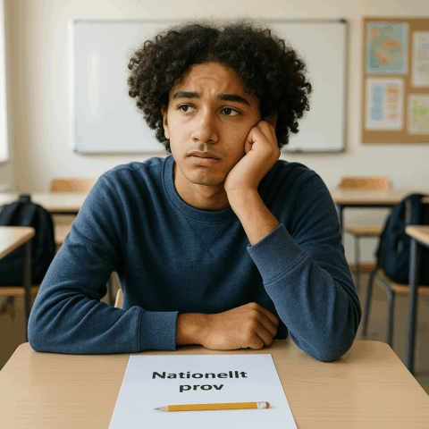 En tonårskille sitter vid en skolbänk i ett klassrum med ett papper framför sig där det står "Nationellt prov". Han ser fundersam och orolig ut, med huvudet lutat mot handen. I bakgrunden syns en whiteboard och klassrumsaffischer.