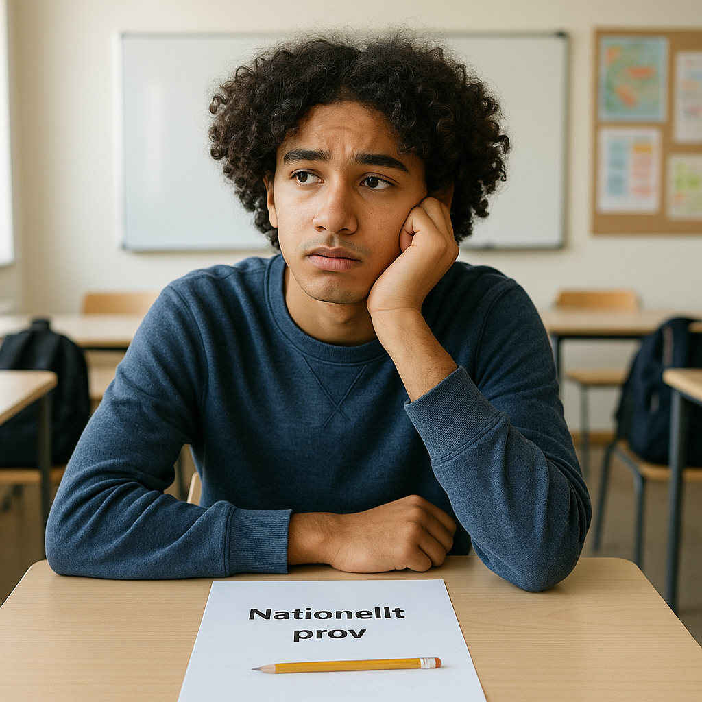 En tonårskille sitter vid en skolbänk i ett klassrum med ett papper framför sig där det står "Nationellt prov". Han ser fundersam och orolig ut, med huvudet lutat mot handen. I bakgrunden syns en whiteboard och klassrumsaffischer.