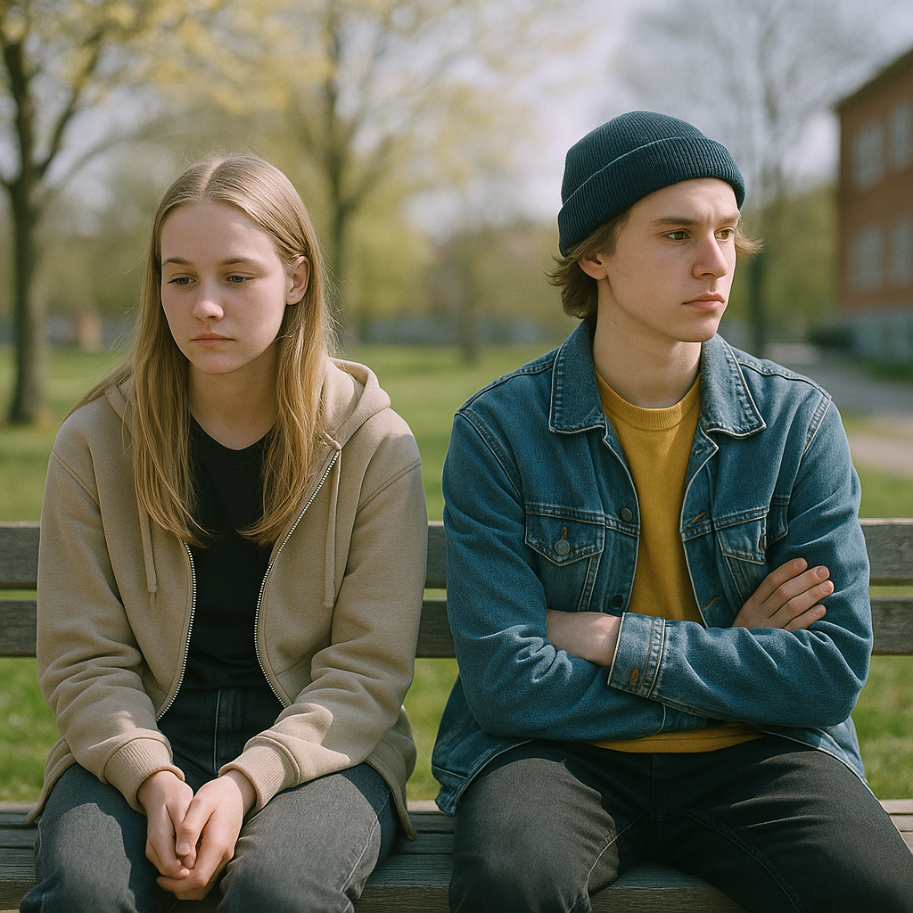 Två tonåringar sitter på en parkbänk med tydligt avstånd och spända kroppsspråk. Tjejen ser nedstämd ut medan killen sitter med armarna i kors och blicken åt sidan. Bakgrunden visar ett vårgrönt parkområde med träd och skolbyggnader.