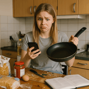 En ung kvinna står i ett kök med en förvirrad min. Hon håller en stekpanna i ena handen och en mobil i den andra. På köksbänken framför henne ligger pasta, en burk tomatsås, ett ägg, ett öppet recept och grönsakshack.
