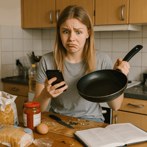 En ung kvinna står i ett kök med en förvirrad min. Hon håller en stekpanna i ena handen och en mobil i den andra. På köksbänken framför henne ligger pasta, en burk tomatsås, ett ägg, ett öppet recept och grönsakshack.