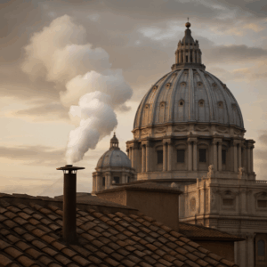Vit rök stiger från en skorsten på ett tegeltak i Vatikanen, med Peterskyrkans kupol i bakgrunden – en traditionell signal om att en ny påve har valts.