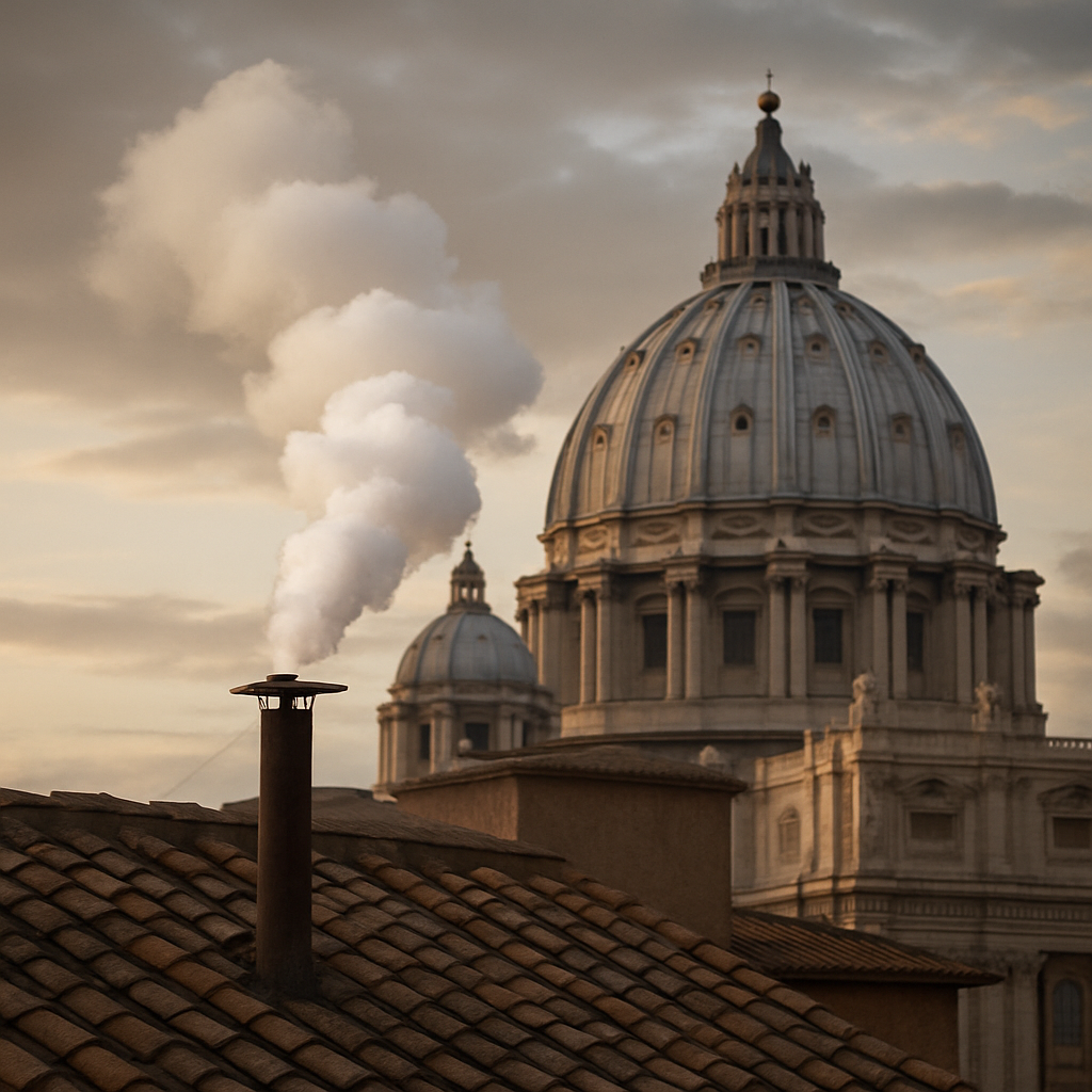 Vit rök stiger från en skorsten på ett tegeltak i Vatikanen, med Peterskyrkans kupol i bakgrunden – en traditionell signal om att en ny påve har valts.