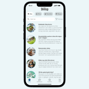 En mobilskärm som visar Boblbergs appgränssnitt. Skärmen visar en lista med olika bubblor, där användare söker vänner eller sällskap till aktiviteter som matklubb, mountainbike, resor, dejting och badminton.